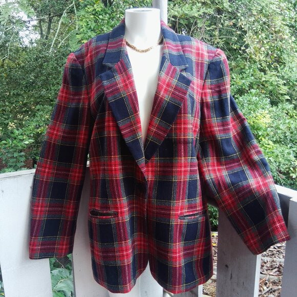 Vintage 80s 90s Wool Plaid Tartan Preppy Academia Oversized Blazer Women Sz 16 - Picture 1 of 8